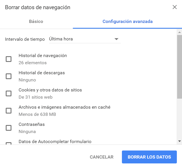 Configuracion avanzada para borrar la cache de chrome