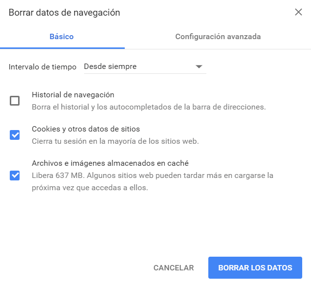 Borrar cache de cookies de Chrome
